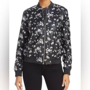 Michael Kors Black faux leather Bomber Jacket with silver floral embroidery